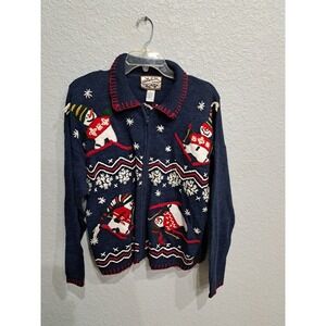 Heirloom Collectible Ugly Christmas Blue Cardigan Sweater Holiday Womens L